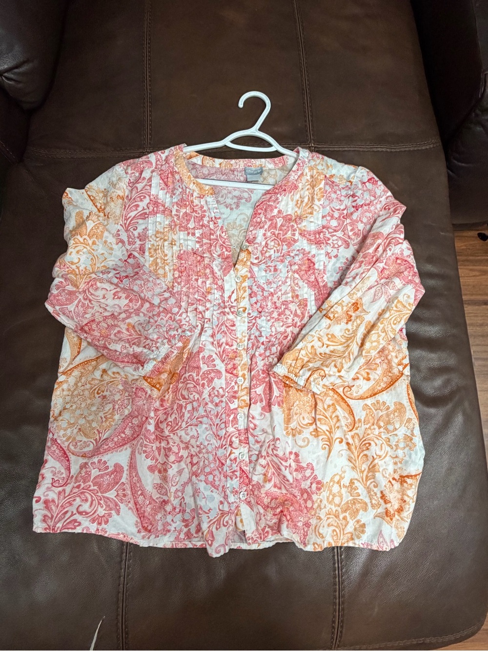 Chico's 3 Pink & Orange Paisley Button-Down Women's Top 3/4 sleeve